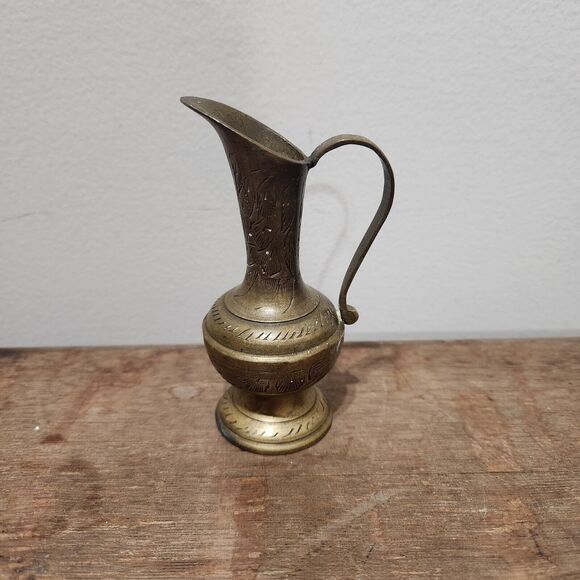 VTG MCM Brass Pitcher Etched Opium Knick Knack Bud Vase Tea - Picture 1 of 8